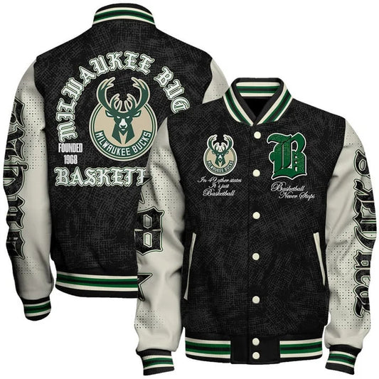 [HOT DEAL] NEW CUSTOMIZED NBA11 MBU MILWAUKEE BUCKS BASEBALL JACKET, SATIN VARSITY JACKET